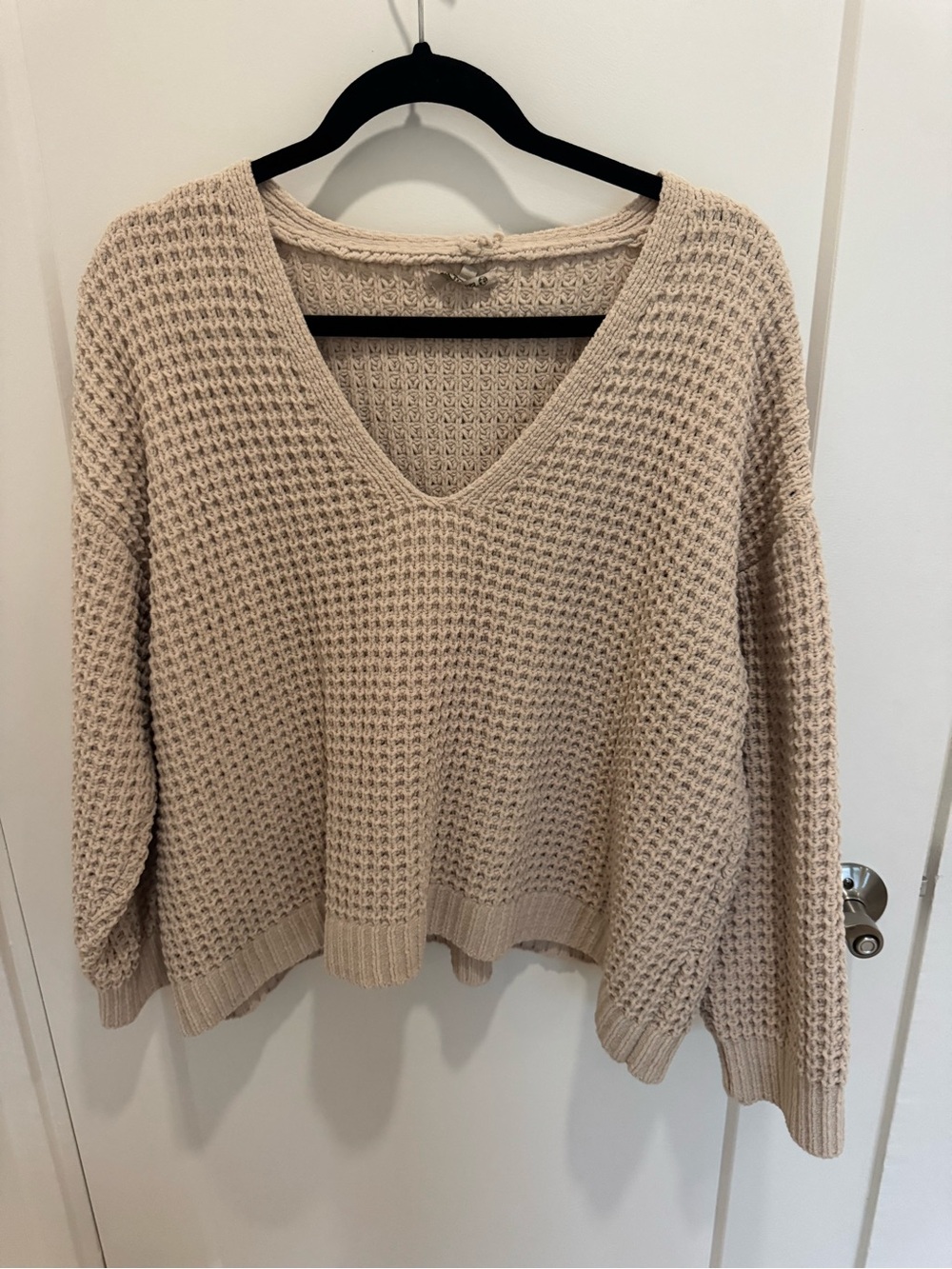 Natura V-Neck Waffle Knit Sweater in Beige